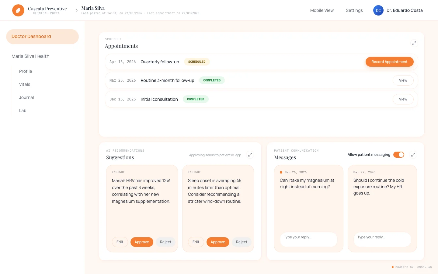 LongevLab patient dashboard screenshot