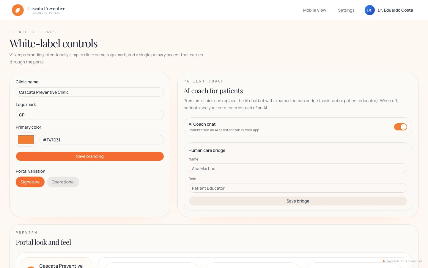 LongevLab clinic settings screenshot