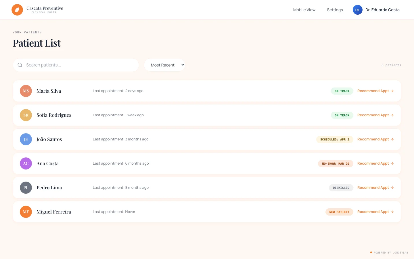 LongevLab clinic workspace screenshot